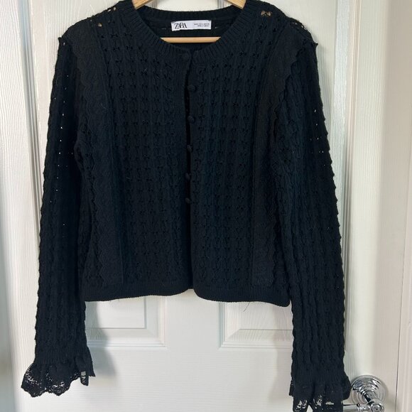Zara Womens Pointelle Button Down Knit Cardigan Flare Lace Cuffs Whimsigoth Vibe - Picture 1 of 5